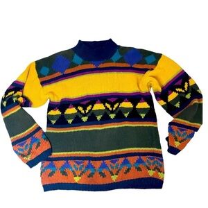 Vintage Chunky textured Coogi style abstract colorful knit sweater Q
